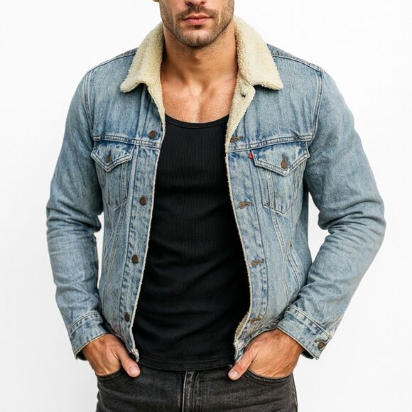 Levis Denim Jacket Mens M Blue Sherpa Lined Trucker Red Tab Western Light Wash - Picture 2 of 13